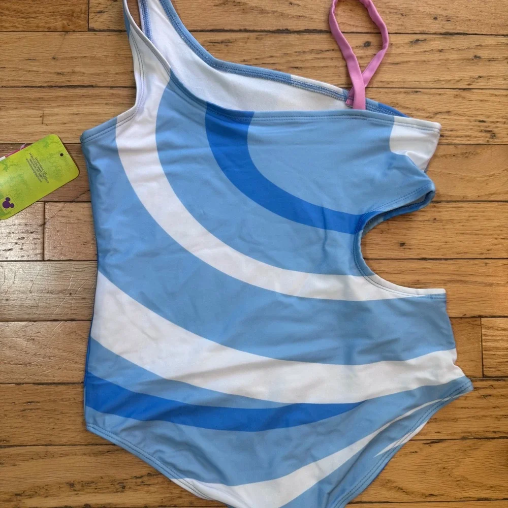 Disney Stitch Girls One Piece Swimsuit Blue Swirl Surfing UPF 50+ Size 10-12 NWT